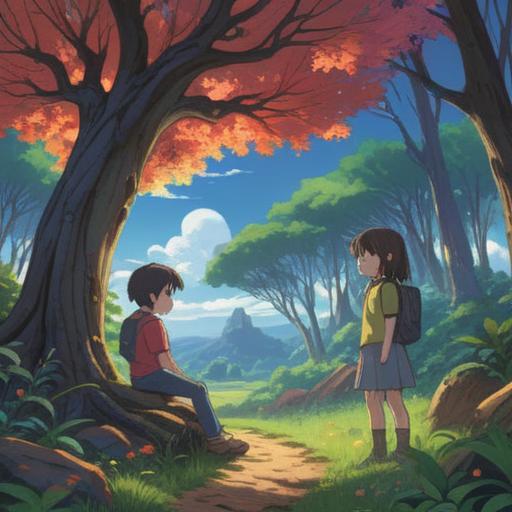 A peaceful outdoor setting, children playing and exploring, vibrant colors, soft light filtering through trees, essence of nature, elements of mindfulness and spirituality, gentle guidance from a wise figure, harmonious connection with the environment, inspiring growth and curiosity, 4k