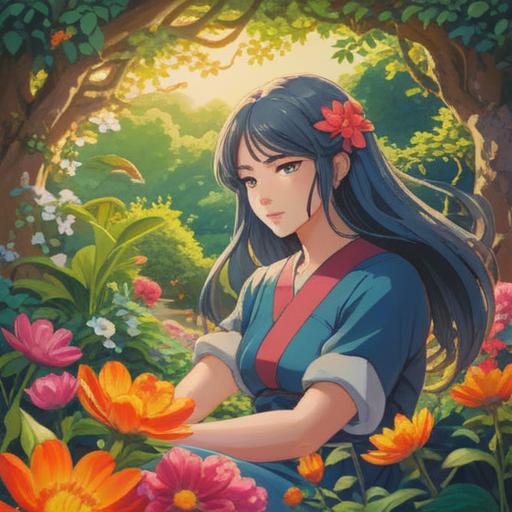 A serene and contemplative scene, depicting a woman in a peaceful garden, surrounded by blooming flowers and soft sunlight, symbolizing inner growth and acceptance, spiritual symbols like a lotus and a butterfly, ethereal atmosphere, gentle colors, reflections of nature, representing the beauty of life choices, 4k