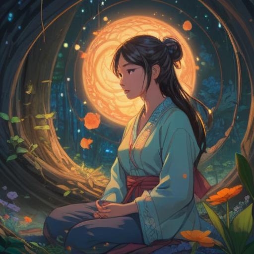 A serene and emotional digital artwork, depicting a woman in contemplation, surrounded by ethereal light, symbolizing inner peace and acceptance, gentle colors, abstract representations of hope and spirituality, soft flowing lines, nature elements like trees and flowers, a sense of liberation and enlightenment, 4k