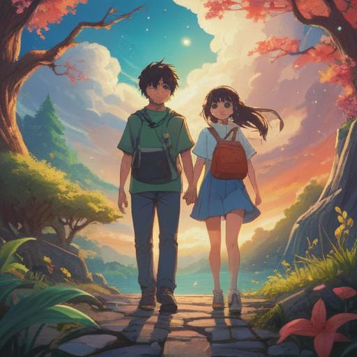 A serene landscape depicting a childless couple, surrounded by ethereal symbols of hope, light emanating from above, soft whispers in the air, gentle animals nearby, their expressions reflecting introspection and acceptance, surrounded by vivid flowers, dreamlike atmosphere, 4k