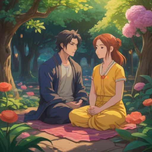 A serene and thought-provoking illustration, depicting a couple meditating in a tranquil garden, surrounded by blooming flowers and gentle sunlight, symbolic elements like butterflies and lotus flowers representing personal growth and freedom, calm atmosphere, deep connection between partners, introspective mood, 4k