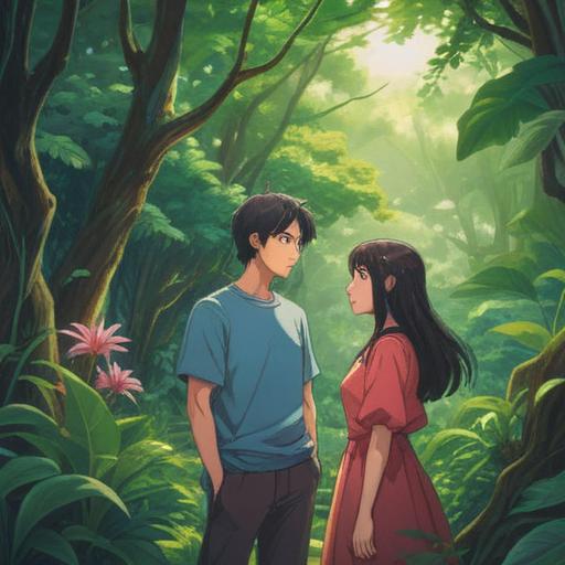 A serene illustration depicting a peaceful couple in nature, surrounded by lush greenery, symbolizing their choice to remain child-free, ethereal light filtering through the trees, a sense of tranquility and fulfillment, harmonious relationship, spiritual growth, blooming flowers representing new beginnings, 4k