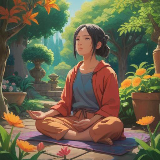 A serene and inspiring illustration of a person meditating in a tranquil garden, surrounded by vibrant flowers and gentle sunshine, embodying the essence of emotional richness, keys symbolizing growth gently floating around, practical tools like journals and nature guides nearby, a peaceful pond reflecting the sky, harmonious colors, uplifting atmosphere, 4k