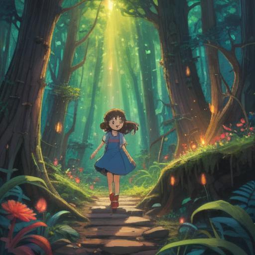 A whimsical illustration of a spiritual figure surrounded by joyful children, a magical forest setting, bright colors, playful expressions, light beams illuminating the scene, a harmonious atmosphere, symbols of love and connection, uplifting energy, childlike wonder, 4k