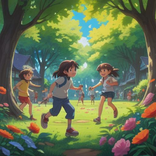A vibrant illustration depicting a joyful community, children playing together in a lush park, families sharing laughter, colorful flowers blooming all around, parents engaging with their kids, golden sunlight filtering through the trees, a sense of harmony and happiness, whimsical elements symbolizing joy and connection, 4k