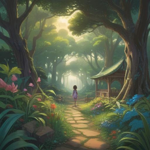 A serene and emotional representation of spiritual renewal after loss, soft ethereal light filtering through trees, gentle spirits guiding children in a lush garden, symbols of hope and rebirth, comforting aura, vibrant colors, tranquil setting, 4k