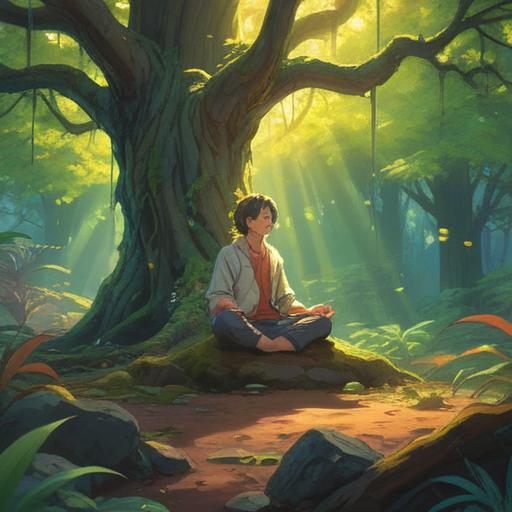 A serene and calming scene, a person meditating under a large, ancient tree, gentle rays of sunlight filtering through the leaves, soft blossoms floating in the air, a tranquil stream nearby, a feeling of peace and enlightenment, vibrant colors, nature's embrace, inspirational atmosphere, 4k