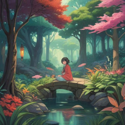 A serene scene depicting a tranquil garden, vibrant colors, meditative atmosphere, individuals practicing mindfulness, nature’s beauty enhancing spiritual growth, gentle flowing water, soft sunlight filtering through trees, harmony and connection with the universe, 4k