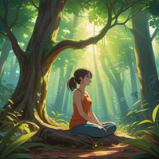 A serene moment in a sunlit forest, a woman meditating under a large tree, gentle rays of light filtering through the leaves, symbols of spiritual signs like feathers and orbs around her, a sense of harmony and connection, vibrant nature surrounding the scene, peaceful atmosphere, 4k