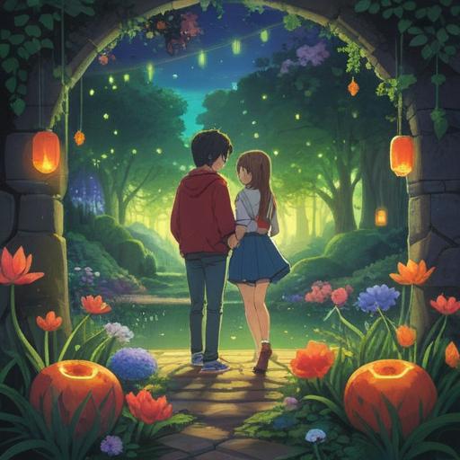 A whimsical illustration of a couple surrounded by symbols of good luck, bright colors, a serene garden setting, a glowing four-leaf clover, a charming stork carrying a bundle, a twinkling starry sky, joyful expressions, enchanting atmosphere, 4k