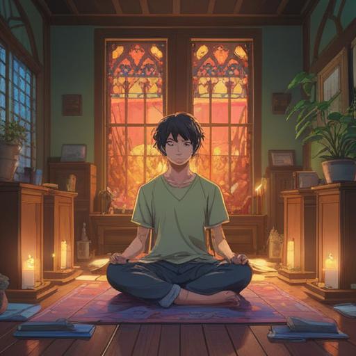 A serene and introspective scene, a parent meditating in a tranquil room, surrounded by soft lighting and gentle shadows, symbols of love and hope, cozy atmosphere, nurturing energy, subtle emotional depth, preparing for the arrival of a child, beautiful plants and toys, warm colors, 4k
