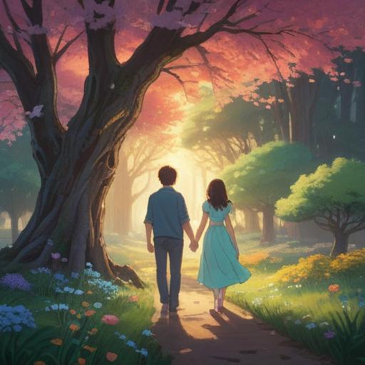 A serene and ethereal landscape, soft glow of light filtering through the trees, a couple holding hands under a blossoming tree, symbols of hope and fertility, gentle animals surrounding them, a peaceful stream nearby, a sense of joy and anticipation, dreamlike quality, vibrant colors, 4k
