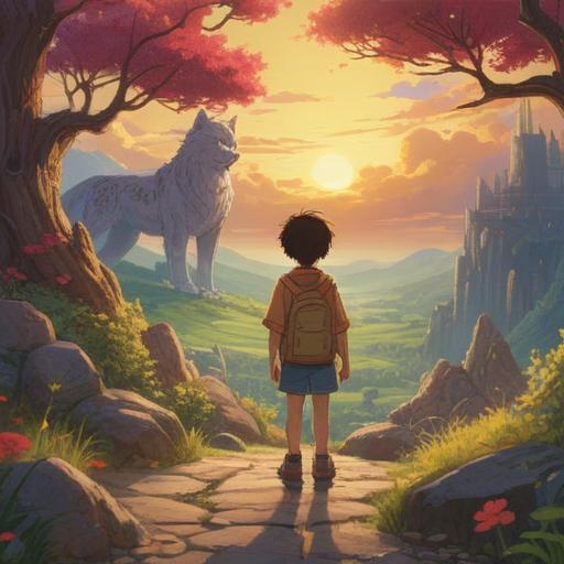 A serene landscape depicting a guardian figure watching over children, soft golden light illuminating the scene, symbols of protection and love in the air, birds soaring peacefully, lush greenery symbolizing growth and safety, a calm and reassuring atmosphere, emphasizing the spiritual connection between the guardian and the children, gentle expressions of joy and trust, 4k