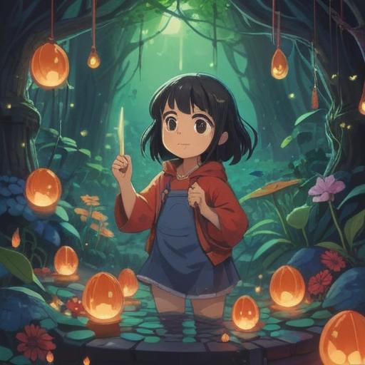 A heartwarming scene of a child surrounded by gentle, glowing lucky aromas, protective magical mist enveloping them, vibrant colors symbolizing safety and comfort, smiling guardian figure nearby, serene and cheerful atmosphere, playful and enchanting elements, detailed background with nature and flowers, 4k