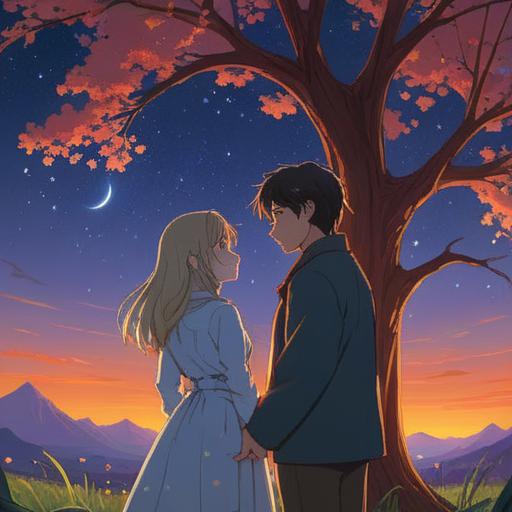 A serene illustration depicting a couple standing under a starry sky, expressing emotional longing and connection, ethereal light surrounding them, a symbolic tree of life in the background, soft pastel colors, gentle expressions, encapsulating themes of spirituality and introspection, 4k