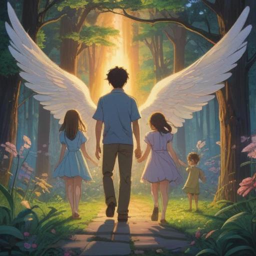 A serene and uplifting illustration of a family with children, surrounded by positive energy and ethereal light, joyful expressions, symbolic elements like angel wings and a glowing aura, nature setting with blooming flowers and bright skies, harmonious atmosphere, 4k