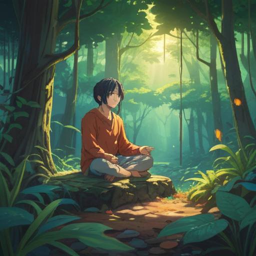 A serene and introspective scene depicting a person meditating in a tranquil environment, surrounded by nature, soft light filtering through the leaves, symbols of personal growth and fulfillment, a sense of peace and acceptance, imagery representing life choices without children, deep contemplation, harmonious balance, 4k