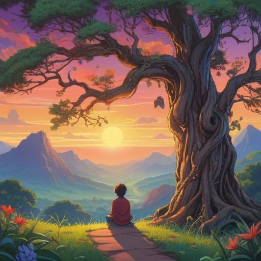 A serene and introspective scene, a peaceful landscape with a winding path, a single figure meditating under a large tree, soft sunlight filtering through the leaves, symbols of spirituality like feathers and stars surrounding the figure, a sense of calm and contentment, vibrant colors blending harmoniously, 4k