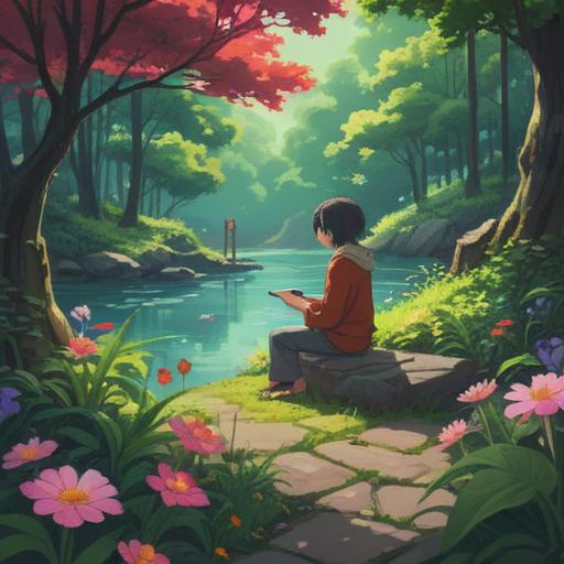 A serene and contemplative scene, a person enjoying a peaceful moment in nature, surrounded by blooming flowers and lush greenery, reflecting on personal happiness and fulfillment, a warm sunset in the background, an expression of contentment and self-discovery, soft light filtering through the trees, 4k resolution