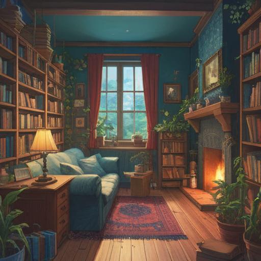 A serene lifestyle illustration, peaceful home environment, books and hobbies, mindfulness practices, self-care routines, thriving plants, cozy ambiance, personal growth, fulfilling daily rituals, 4k
