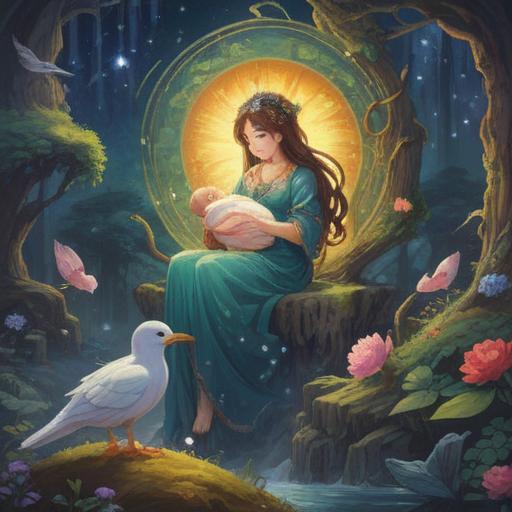 A serene and mystical scene depicting the spiritual significance of childbirth, a radiant figure representing motherhood surrounded by ethereal light, symbols of life and growth such as blooming flowers and gentle animals, soft flowing robes, an aura of tranquility and connection to the universe, warm and uplifting colors, 4k