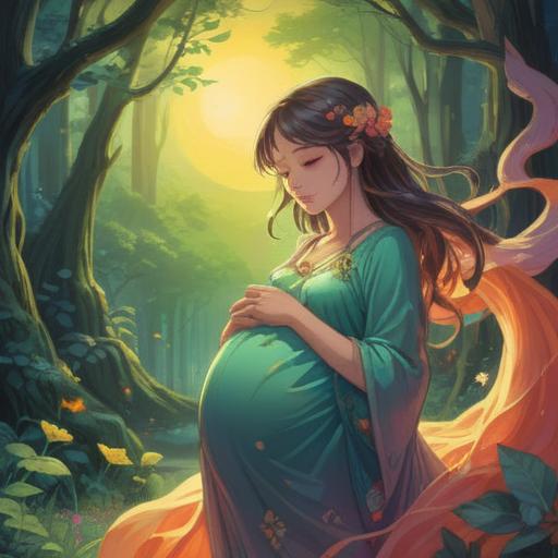A serene illustration depicting a pregnant woman surrounded by ethereal light, symbolizing fertility and spiritual awakening, gentle colors, lush nature background, soft glowing orbs representing good omens, a peaceful expression on her face, harmonious atmosphere, unity with the universe, 4k