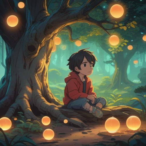 A serene and contemplative illustration, a young child sitting quietly under a tree, surrounded by soft glowing orbs representing energy, gentle breeze rustling leaves, a subtle aura of colors emanating from the child, nature symbolizing healing, reflections of emotions in the child's eyes, harmonious balance between self and surroundings, 4k