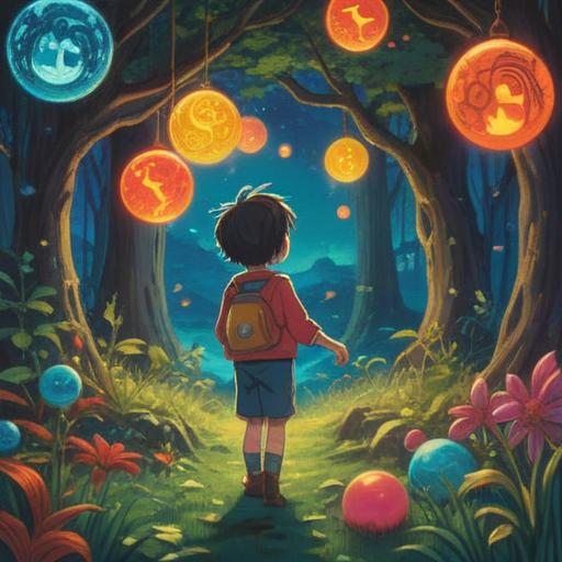 A whimsical illustration of a child discovering a spiritual lucky charm, vibrant colors, enchanting nature setting, surrounded by sparkling light orbs, the charm glowing softly, a sense of hope and courage in the child's expression, magical atmosphere, detailed background, 4k