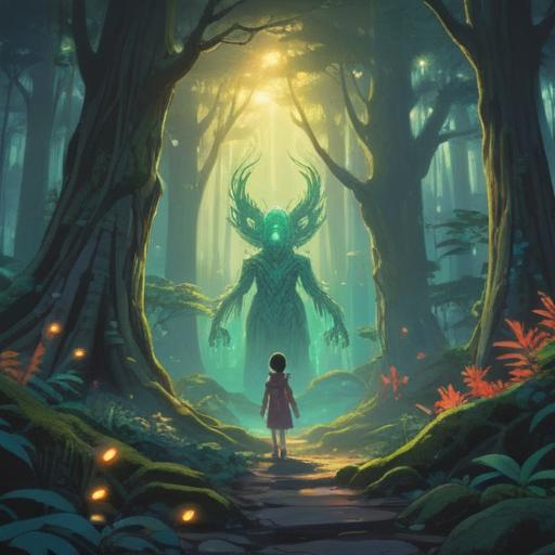 A serene illustration of a guardian spirit protecting a child, ethereal glow, surrounded by a forest of ancient trees, soft light filtering through leaves, gentle expressions, harmonious connection, spiritual symbols in the air, warm colors, tranquil atmosphere, enchanting details, 4k