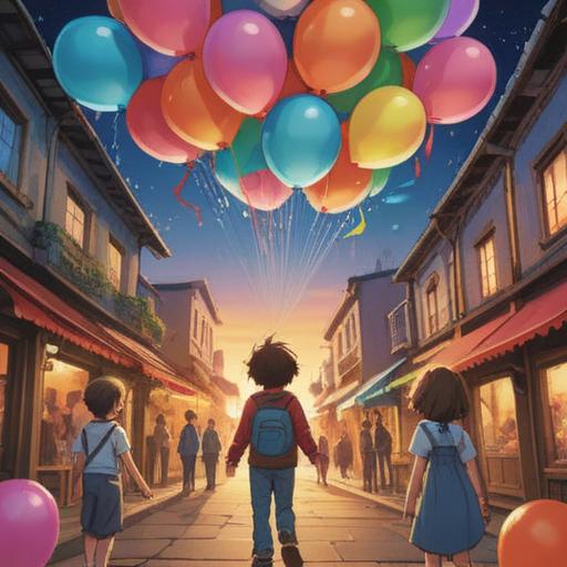 A serene and vibrant scene of a child's birthday celebration, colorful balloons and a joyful atmosphere, symbolic elements representing growth and transformation, a cozy cake adorned with candles, surrounded by friends and family sharing love, ethereal light illuminating the moment, playful animals observing, lush greenery in the background, a sense of unity and happiness, 4k