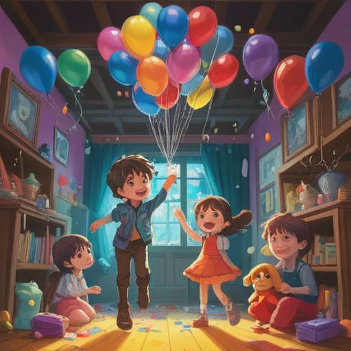 A whimsical illustration of a child's birthday party, colorful balloons floating in the air, surrounded by magical sparkles, a joyful child playing with friends, an enchanting cake with candles, symbols of good luck and positive energy, a sunny garden setting, vibrant decorations, a sense of celebration and happiness, 4k