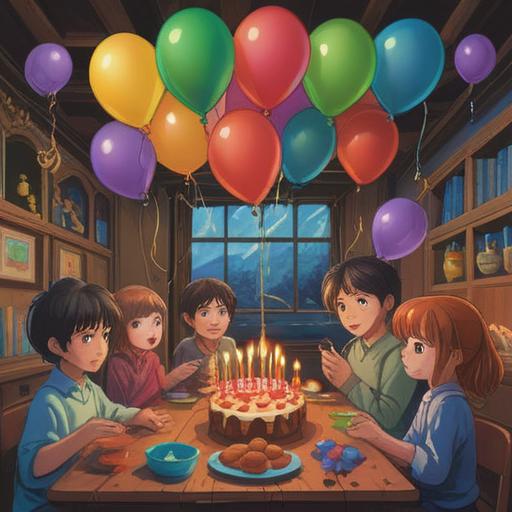 A whimsical illustration of a child's birthday party, colorful balloons, glowing candles, playful decorations, spiritual symbols hidden in the background, joyful children, magical sparkles in the air, a serene atmosphere, warm sunlight filtering through trees, 4k