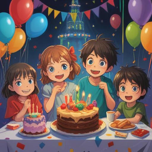 A joyful children's birthday celebration, decorated with colorful balloons and a cheerful cake, surrounded by presents and playful toys, smiles on children's faces, vibrant party hats, a magical atmosphere, whimsical decor, playful animals joining the fun, 4k