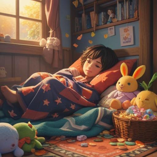A comforting scene of a child resting under a cozy blanket, surrounded by colorful lucky charms and soft toys, warm sunlight streaming through a window, gentle smiles and love in the air, vibrant colors, soothing atmosphere, 4k