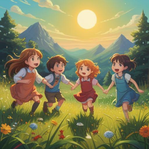 A whimsical illustration depicting a group of children playing together in a sunlit meadow, symbolizing joy, innocence, and spiritual unity, each child representing different aspects of life and growth, surrounded by vibrant flowers and gentle spirits, ethereal light illuminating their laughter, a serene and harmonious atmosphere, 4k