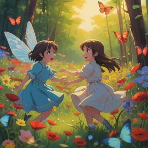 A serene and mystical illustration of children playing together in a sunlit meadow, surrounded by vibrant flowers and fluttering butterflies, symbolizing joy and positive energy, gentle smiles on their faces, representing the spiritual connection and blessings of childhood, ethereal light illuminating their presence, harmonious atmosphere, 4k