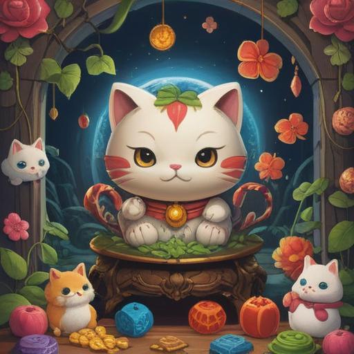 A whimsical illustration of lucky items for considering the number of children, featuring colorful charms like lucky cats, four-leaf clovers, and shooting stars, arranged in a playful circle, surrounded by soft clouds and a sunny sky, vibrant colors, cheerful atmosphere, detailed textures, 4k