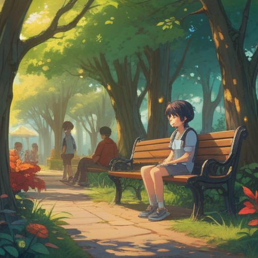 A serene illustration depicting a thoughtful parent sitting on a park bench, surrounded by playful children, soft sunlight filtering through trees, reflection on family choices, gentle colors, emotional depth, peaceful atmosphere, 4k