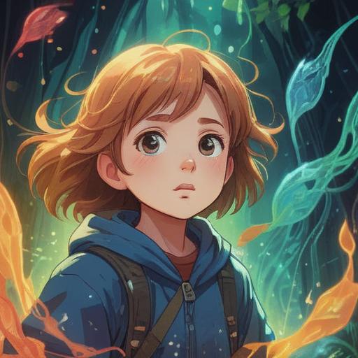 A serene illustration depicting a child surrounded by ethereal spirits, gentle wisps of light representing worries, a soft glowing aura, calming colors, a whimsical and dreamlike atmosphere, symbols of protection and guidance, enchanted forest backdrop, emotional depth, 4k