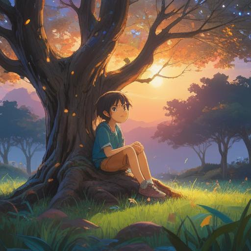A serene illustration featuring a child sitting under a tree, dreamy expressions in their eyes, ethereal light surrounding them, symbolic representations of spiritual signs like feathers and glowing orbs, gentle wind rustling the leaves, a sense of awareness and tranquility, pastel colors, whimsical atmosphere, evocative imagery, 4k