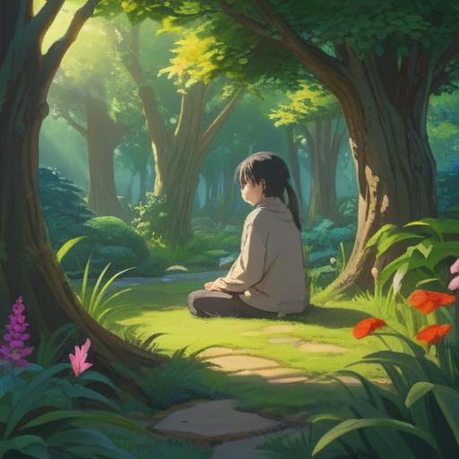 A serene and inspiring scene, a tranquil garden with lush greenery, soft sunlight filtering through the trees, a person practicing mindfulness meditation, surrounded by colorful flowers and fluttering butterflies, the atmosphere filled with peace and relaxation, gentle ripples on a nearby pond, harmonious colors blending together, an essence of creativity and calmness, 4k