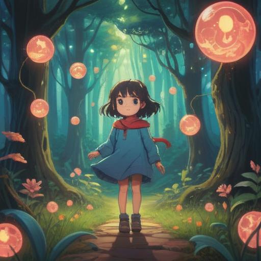 A whimsical illustration of a child surrounded by glowing orbs of light, ethereal spirits dancing around, a serene forest setting, soft pastel colors, warm light filtering through the trees, the child’s joyful expression reflecting innocence and wonder, a sense of harmony and connection with nature, mystical symbols in the background, 4k