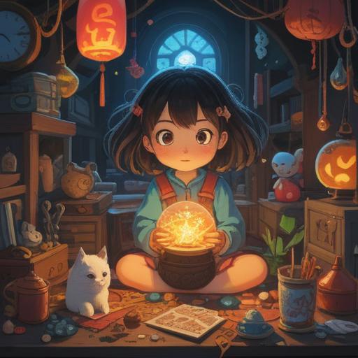 A whimsical illustration of a child surrounded by magical lucky items, colorful charms and trinkets floating around, a gentle glow emanating from each item, an enchanted forest setting, joy and curiosity in the child’s eyes, playful atmosphere, bright and cheerful colors, 4k