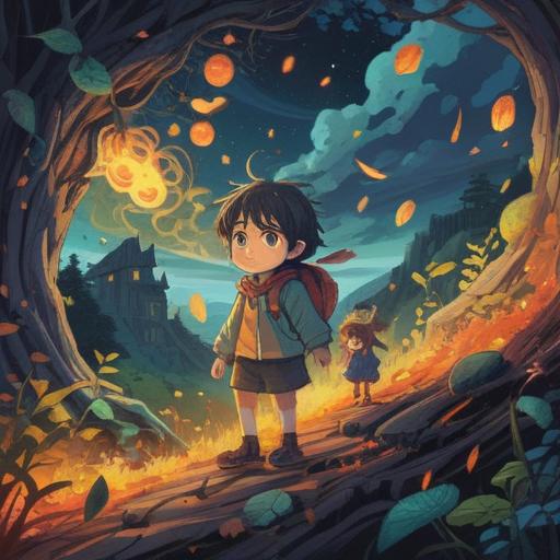 A serene illustration of children facing various challenges, layered with symbolic representations of spiritual growth, whimsical elements intertwining with real-life obstacles, a soft glow surrounding the children, emphasizing the lessons hidden within their troubles, vibrant yet calming colors, dreamlike atmosphere, 4k