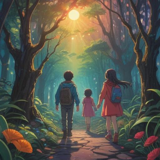 A mystical scene depicting children encountering unexpected challenges, vibrant colors, ethereal light, symbolic representations of growth and guidance, playful spirits watching over, serene environment, enchanted forest background, meaningful encounters, 4k