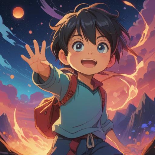 A child waving their hand joyfully, vibrant energy radiating from the gesture, a serene background with soft, ethereal light, symbols of positivity and spirituality around them, playful and innocent expressions, colorful aura, magical atmosphere, 4k