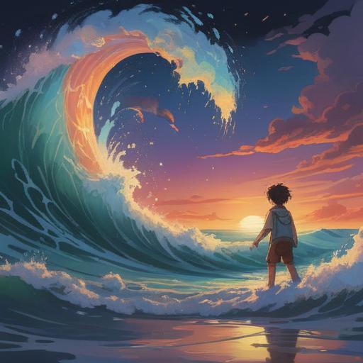 A mystical scene depicting a person receiving a wave from a child, an ethereal glow surrounding them, symbolic elements indicating spiritual awareness, soft light filtering through trees, a serene and dreamlike atmosphere, vibrant colors, the child radiating innocence and wisdom, subtle spiritual symbols in the background, 4k