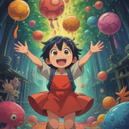 A whimsical illustration of a child waving joyfully, an assortment of lucky items surrounding them, vibrant colors, playful atmosphere, detailed expressions on the child's face, hints of magical elements in the scene, sunny park background, cheerful and uplifting vibe, 4k