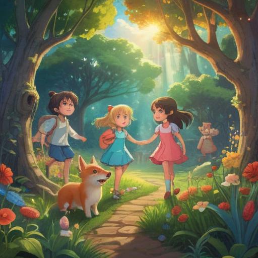 A whimsical and enchanting illustration, children playing joyfully in a colorful garden, ethereal light illuminating their innocent faces, surrounded by playful animals and magical creatures, vibrant flowers representing happiness and curiosity, a serene atmosphere radiating positivity and connection, 4k