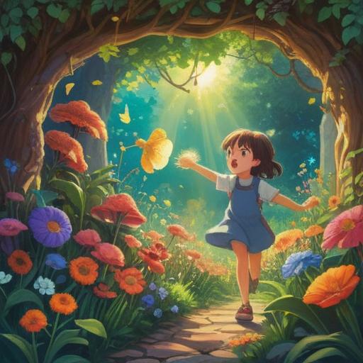 A whimsical and enchanting scene depicting a child joyfully playing in a sunlit garden, vibrant flowers surrounding them, a gentle breeze causing the leaves to dance, playful animals joining in, a wise old tree watching over, ethereal light filtering through the branches, symbols of positivity and spirituality subtly integrated, a sense of harmony and connection with nature, uplifting atmosphere, 4k